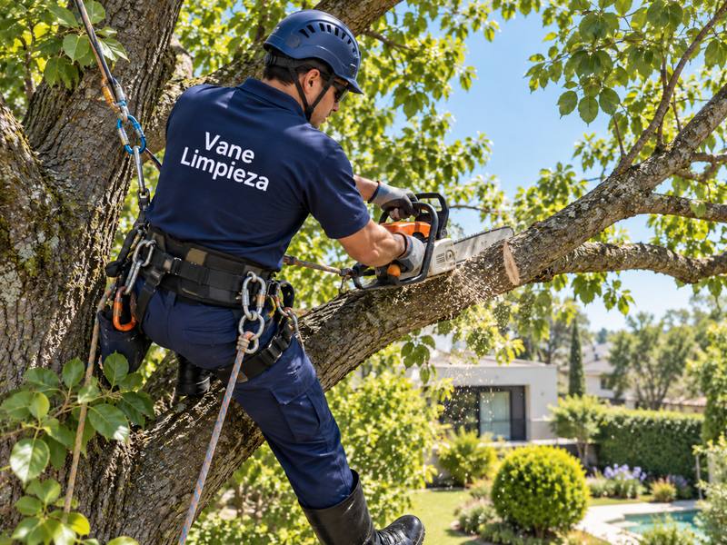 Podador de Vane Limpieza con arnés y motosierra realizando poda en altura sobre un árbol